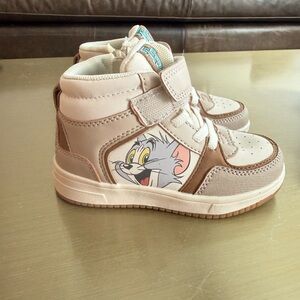 Kids Beige & Brown High-Top Sneakers with Cartoon Detail